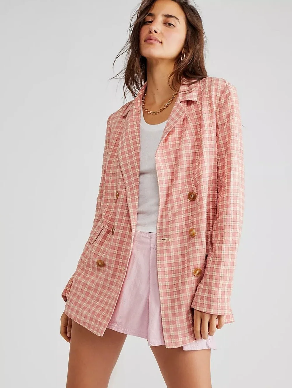 FREE PEOPLE Olivia Gingham Double Breasted Blazer XL